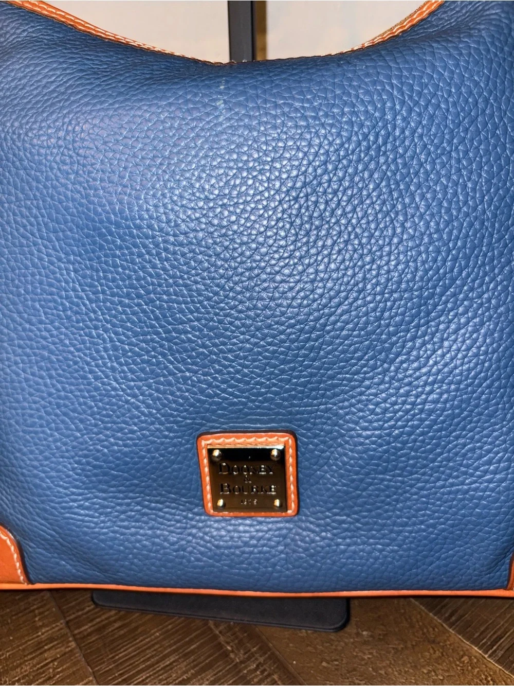 Dooney & Bourke Pebbled Leather Hobo Shoulder Bag – Blue with British Tan Trim - Picture 2 of 13
